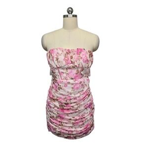 Hello‎ Molly Pink Floral Ruched Corset Strapless Mini Dress Women's Size Large
